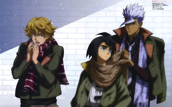 HD desktop wallpaper featuring characters Eugene Sevenstark, Mikazuki Augus, and Orga Itsuka from the anime Mobile Suit Gundam: Iron-Blooded Orphans. They are bundled in winter clothes against a white brick background.