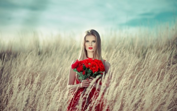 Women Model Red Dress Lipstick Green Eyes Blonde Depth Of Field Flower Bouquet Red Flower Plant Long Hair HD Wallpaper | Background Image