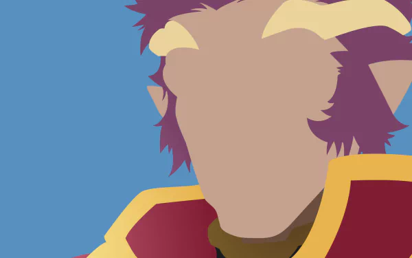 Minimalist 2K Quad HD PC wallpaper of Eugene (Sword Art Online): faceless anime portrait in flat colors, blue background and red-and-gold jacket.