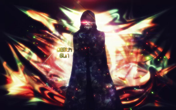HD PC desktop wallpaper of Death Gun (Sword Art Online II): a hooded, cloaked figure with glowing red eyes before swirling neon flames and abstract light wings — anime style.