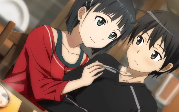HD desktop wallpaper featuring Suguha Kirigaya and Kirito (Kazuto Kirigaya) from Sword Art Online. Suguha is feeding Kirito, with both characters displaying warm expressions.