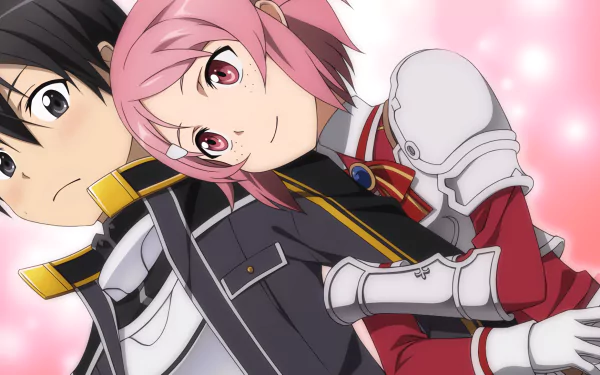 HD anime wallpaper featuring Kirito (Kazuto Kirigaya) and Lisbeth (Rika Shinozaki) from Sword Art Online, showcasing their close bond with a soft pink background.