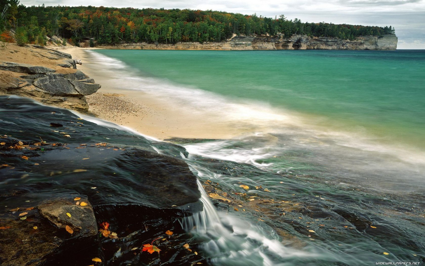 HD desktop wallpaper featuring a serene tidal shoreline with sandy beach, flowing water over rocks, and a lush forest meeting the ocean under a cloudy sky.
