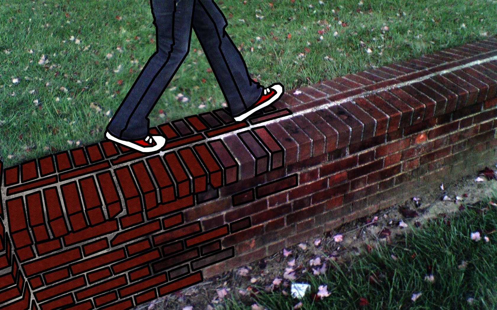 Artistic drawing HD PC desktop wallpaper showing stylized legs in sneakers walking along a brick wall above grass scattered with fallen flower petals.