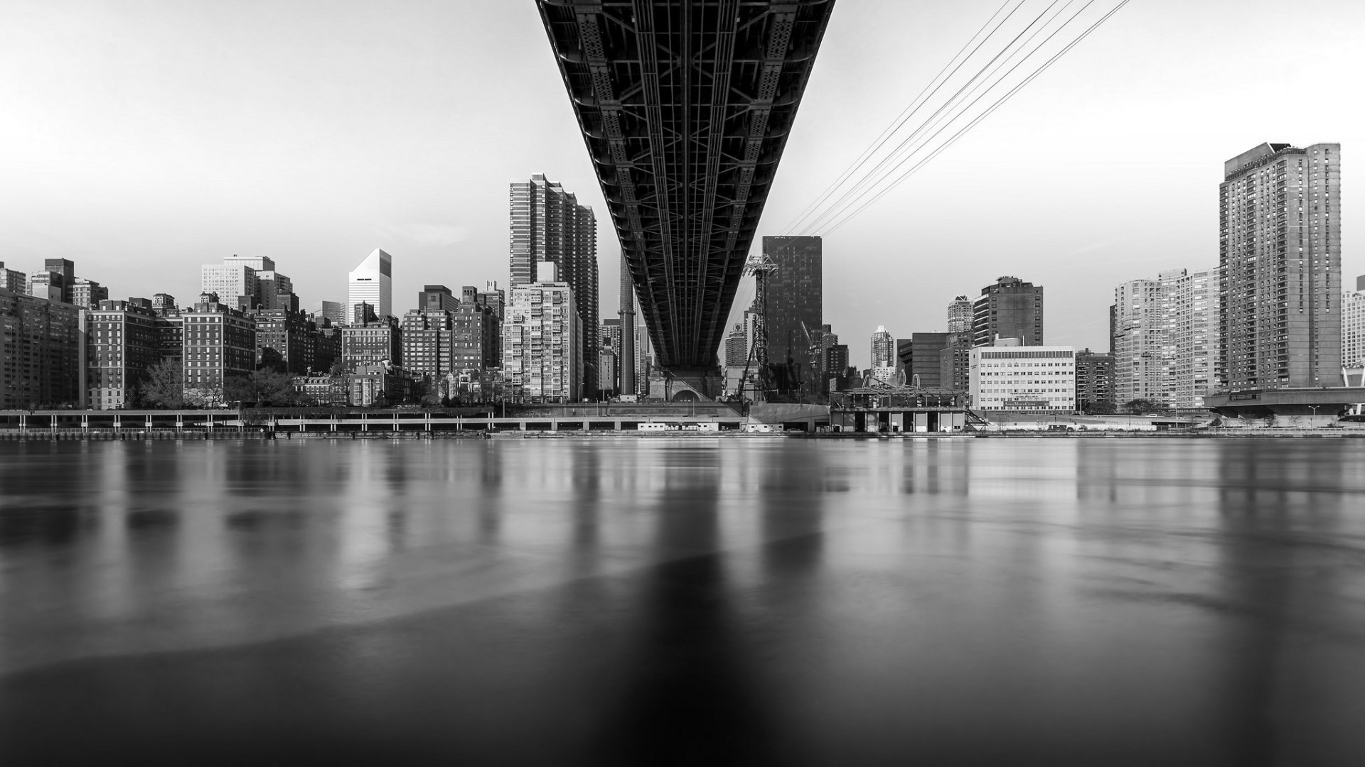 Download Queensboro Bridge Skyscraper Building USA City River Black & White Bridge Man Made New York HD Wallpaper