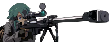 HD desktop wallpaper featuring Sinon (Shino Asada) from Sword Art Online II. The anime character is aiming a sniper rifle, showcasing her precision and determination.