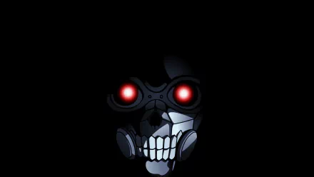 HD PC wallpaper of Death Gun (Sword Art Online II): skull-like mask with glowing red eyes and respirator details on a black background.