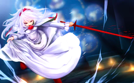 Anime-style HD PC desktop wallpaper featuring a white-haired character in flowing attire from Momodora, wielding a glowing red sword in a dynamic pose.