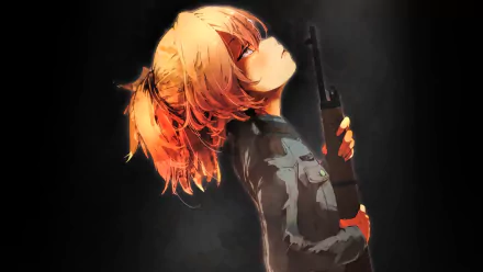 HD wallpaper featuring Tanya Degurechaff from the anime Youjo Senki, showcasing her in a dramatic pose holding a weapon against a dark background.