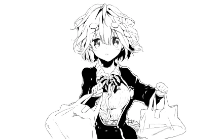 Black and white anime-style illustration of Yoshino Koiwai from Masamune-kun's Revenge holding shopping bags, designed as an HD PC desktop wallpaper background.