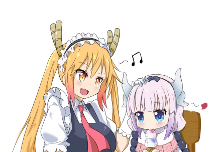 HD desktop wallpaper featuring Tohru and Kanna Kamui from Miss Kobayashi's Dragon Maid. Tohru is smiling cheerfully while Kanna appears calm, both dressed in their anime outfits.