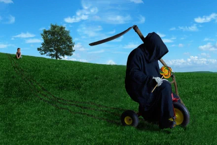 A humorous HD wallpaper featuring the Grim Reaper playfully riding a tricycle, with a colorful lollipop in hand and a whimsical landscape in the background.