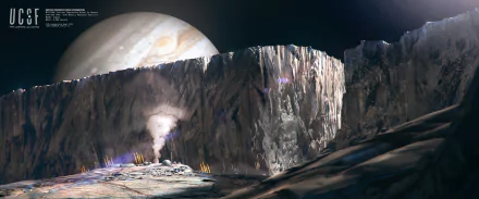 HD sci-fi desktop wallpaper showcasing a towering cliff on an alien landscape with a massive planet looming in the background.