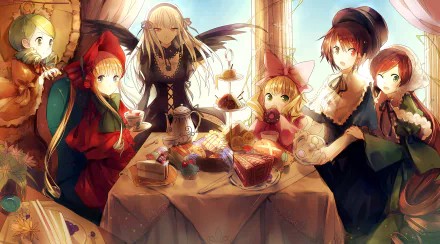 HD PC desktop wallpaper featuring Suiseiseki, Suigintou, Souseiseki, Shinku, Kanaria, and Hinaichigo from the anime Rozen Maiden gathered around a table.
