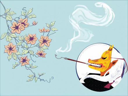 HD PC desktop wallpaper featuring Kusuriuri from Mononoke and Princess Mononoke, showcasing vibrant flowers and a stylized character smoking a long pipe in an anime art style.