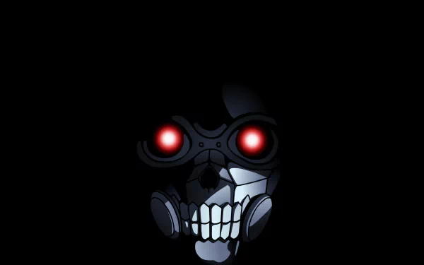 HD PC wallpaper of Death Gun (Sword Art Online II): skull-like mask with glowing red eyes and respirator details on a black background.
