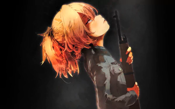 HD wallpaper featuring Tanya Degurechaff from the anime Youjo Senki, showcasing her in a dramatic pose holding a weapon against a dark background.