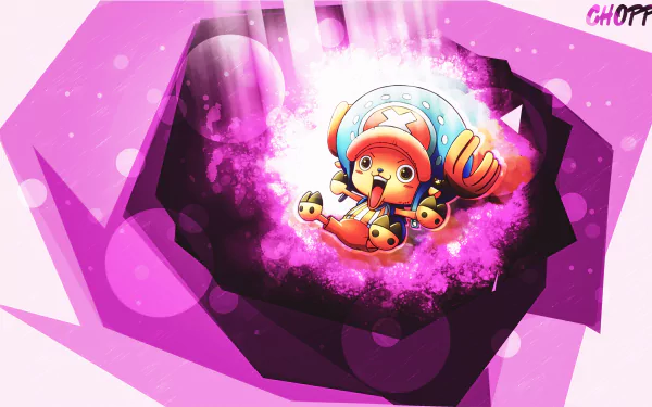 Vibrant 4K Ultra HD anime wallpaper featuring Tony Tony Chopper from One Piece surrounded by glowing pink energy on a geometric purple background.