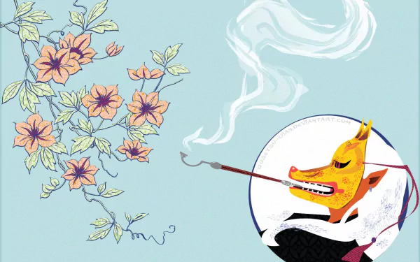 HD PC desktop wallpaper featuring Kusuriuri from Mononoke and Princess Mononoke, showcasing vibrant flowers and a stylized character smoking a long pipe in an anime art style.