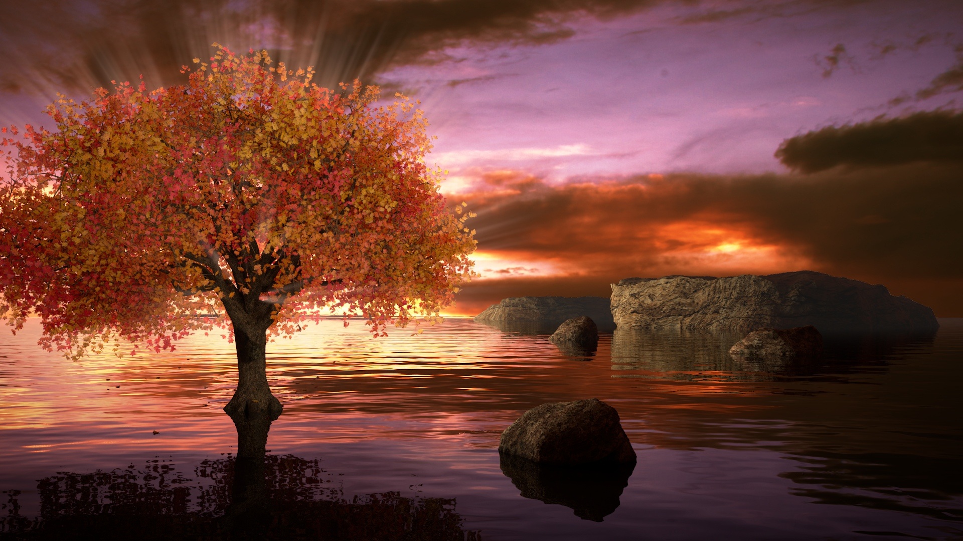 Tree on the Lake at Sunset