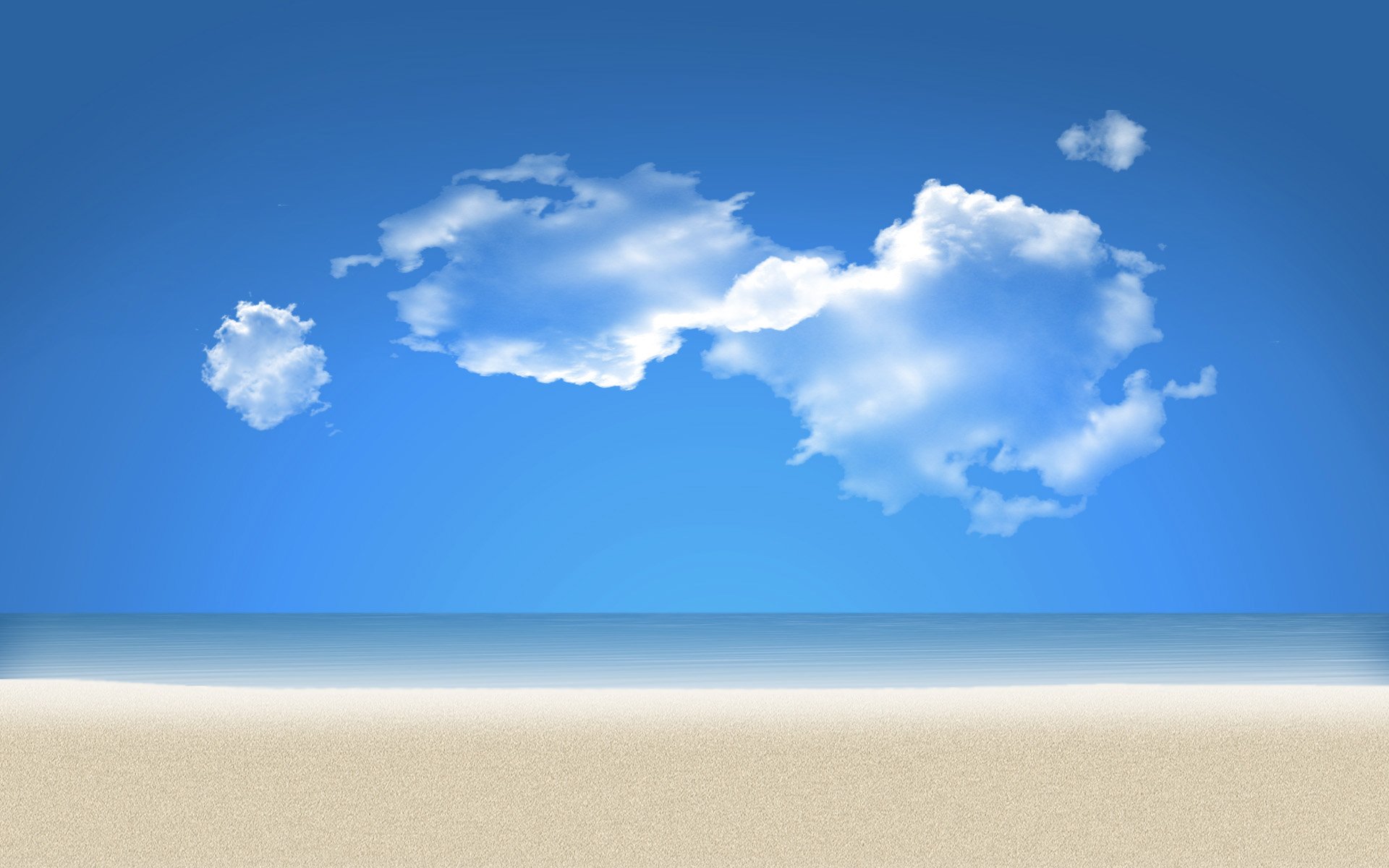 A serene beach scene featuring soft, white clouds against a vibrant blue sky, complemented by a smooth sandy shoreline. This HD wallpaper captures the essence of nature at the coast.