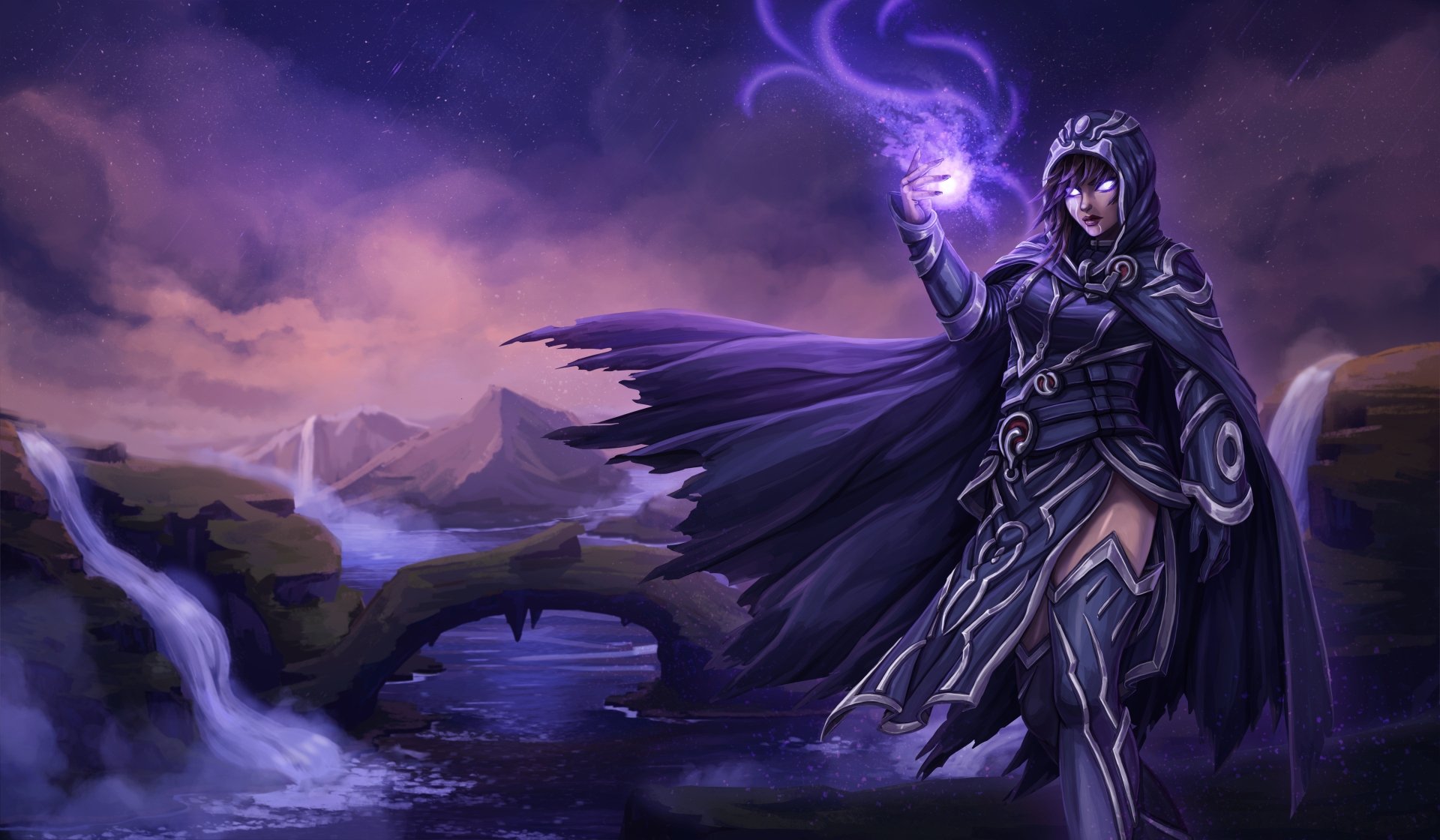 A magical fantasy scene featuring a witch with purple hair and glowing magic in her hand, set against a serene landscape with waterfalls and a twilight sky. HD desktop wallpaper and background.