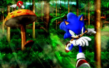 HD PC desktop wallpaper featuring Sonic the Hedgehog running through a forest with Knuckles perched on a large mushroom, inspired by the Sonic & Knuckles video game.