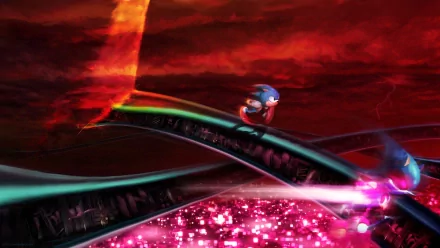 A vibrant 4K Ultra HD wallpaper featuring Sonic the Hedgehog racing through a dynamic landscape inspired by the video game Sonic CD, with striking colors and a surreal backdrop.