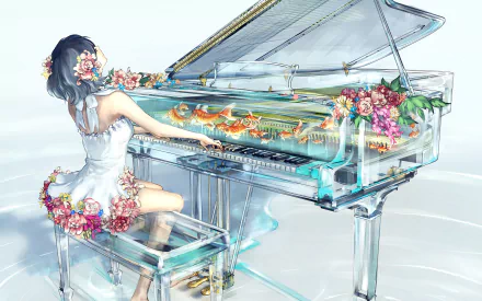 An anime girl with short hair plays a flower-adorned translucent piano with fish inside. She wears a floral dress, creating a mesmerizing scene. HD desktop wallpaper and background.