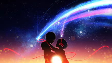 HD desktop wallpaper featuring Taki Tachibana and Mitsuha Miyamizu from the anime Your Name. They stand together under a starry sky with vibrant streaks of light and a glowing backdrop.