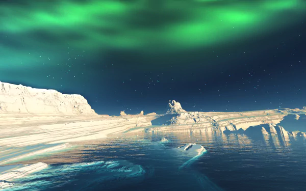 3D CGI anime-style landscape of a snowy iceberg under a starry night sky with vivid green aurora borealis reflecting over icy blue water.