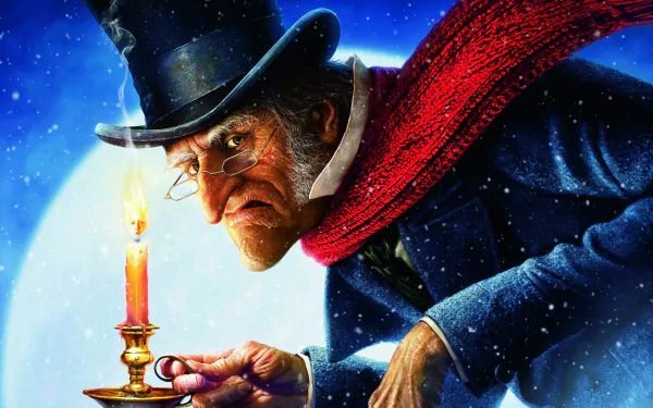 HD PC desktop wallpaper/background of animated Ebenezer Scrooge from the movie A Christmas Carol (2009), hunched in a top hat and red scarf, clutching a lit candle.