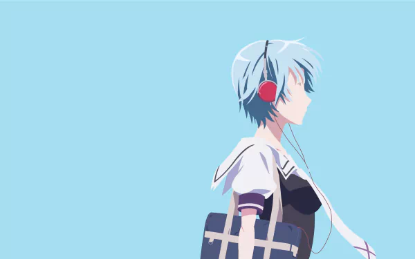 Fuuka Akitsuki anime: side-profile Fuuka wearing red headphones and a school uniform against a pale blue background — 4K Ultra HD PC desktop wallpaper.