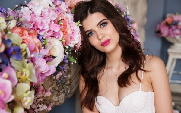 Women Model Bride Flower Lipstick Blue Eyes Brunette HD Wallpaper | Background Image