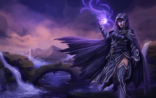 A magical fantasy scene featuring a witch with purple hair and glowing magic in her hand, set against a serene landscape with waterfalls and a twilight sky. HD desktop wallpaper and background.