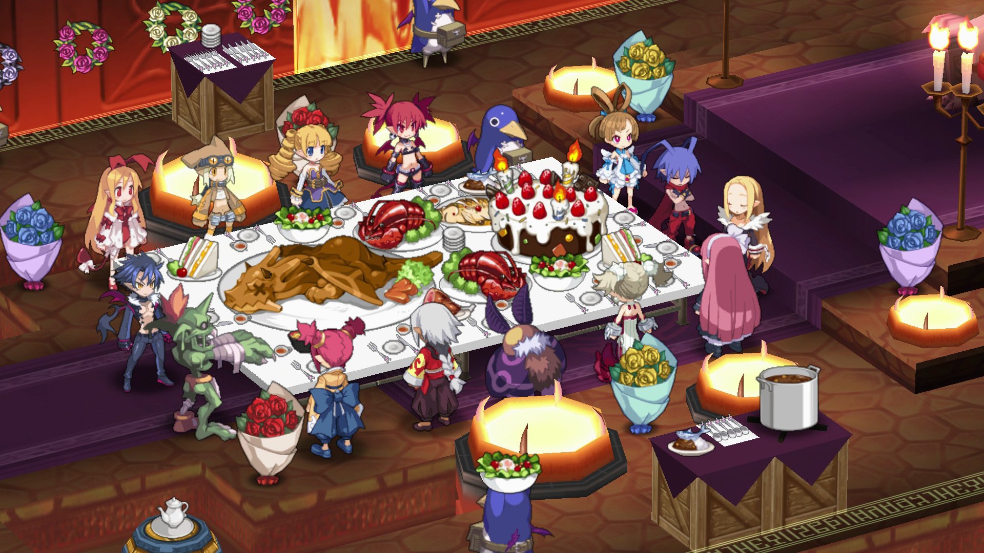 HD desktop wallpaper featuring characters Laharl, Etna, Flonne, and Prinnies from Disgaea 5: Alliance of Vengeance gathered around a banquet table.