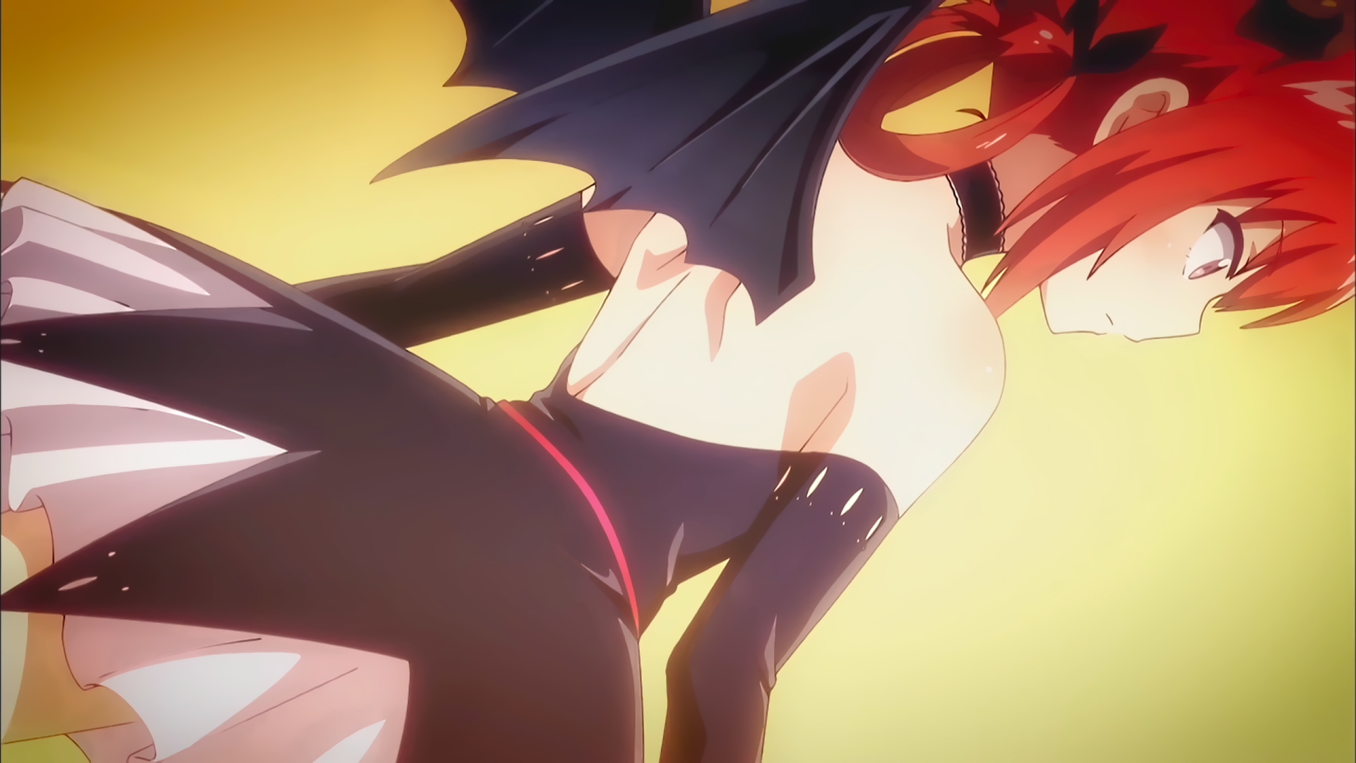 HD anime desktop wallpaper featuring Satanichia Kurumizawa McDowell from Gabriel DropOut, showcasing her in a dynamic pose with striking red hair and bat wings.