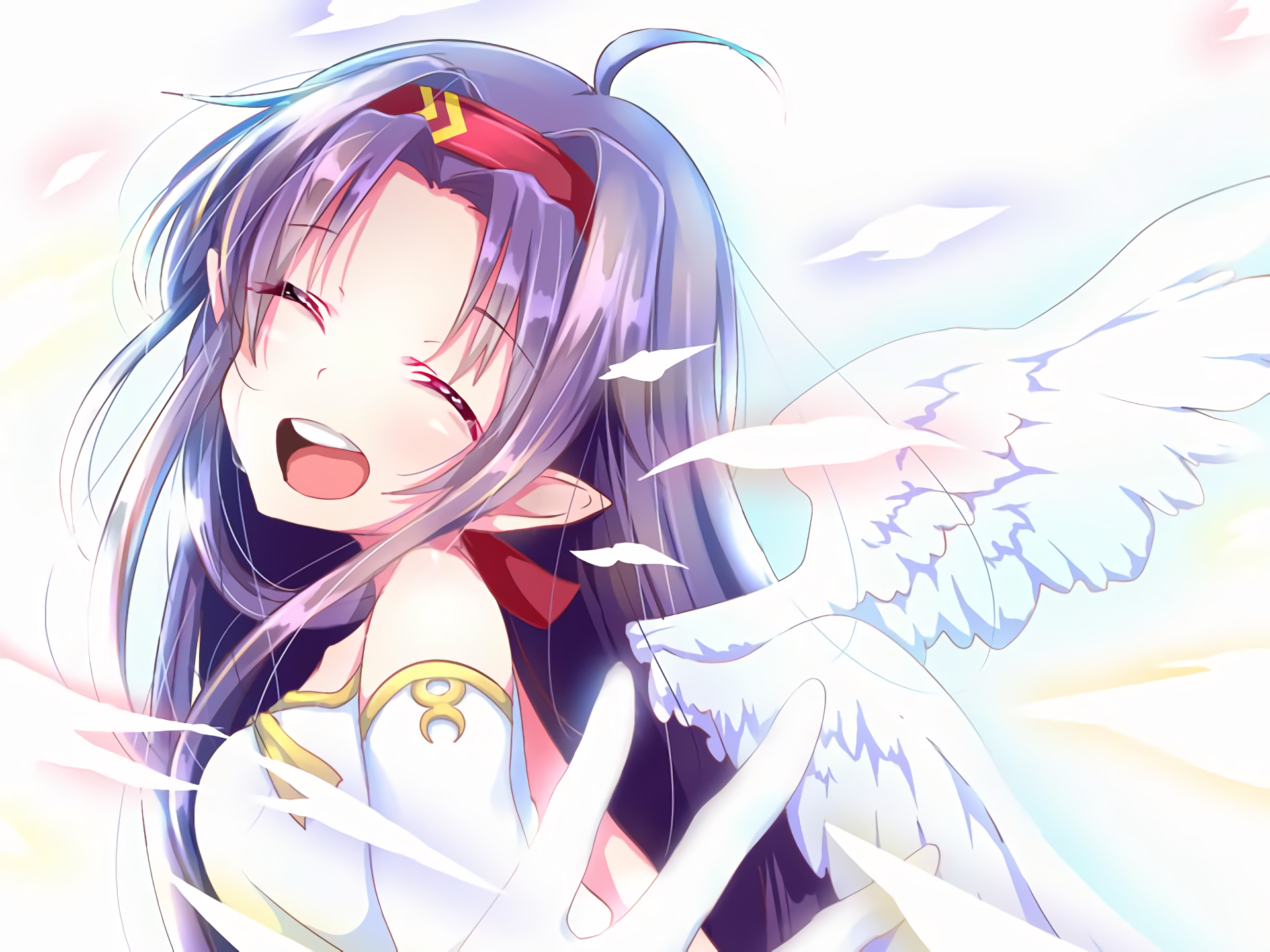 Anime-style HD PC desktop wallpaper featuring a joyful female character from Sword Art Online II with long purple hair and white angel wings against a bright sky.