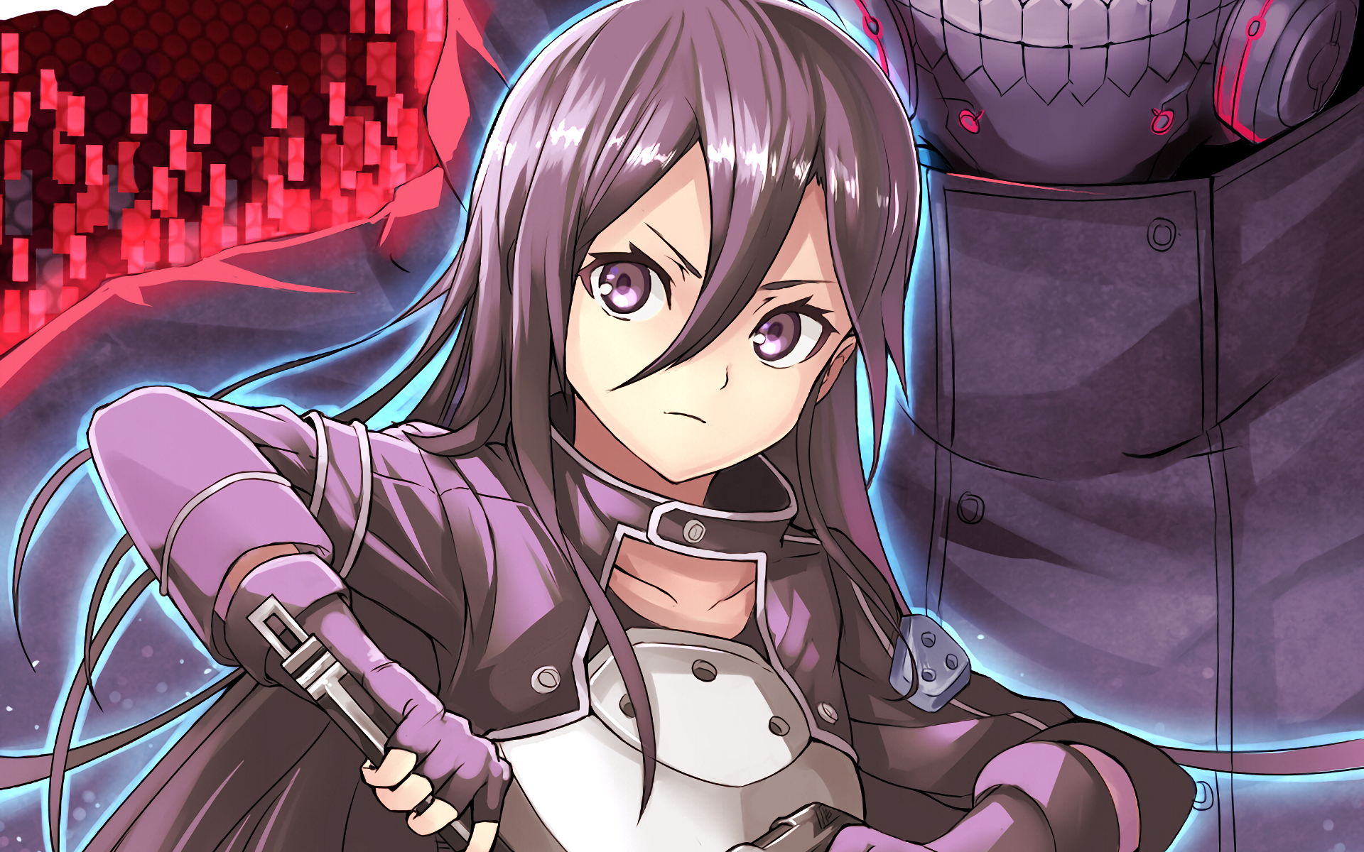 HD PC desktop wallpaper featuring an intense anime character from Sword Art Online II, holding a sword with vibrant red and purple digital effects in the background.