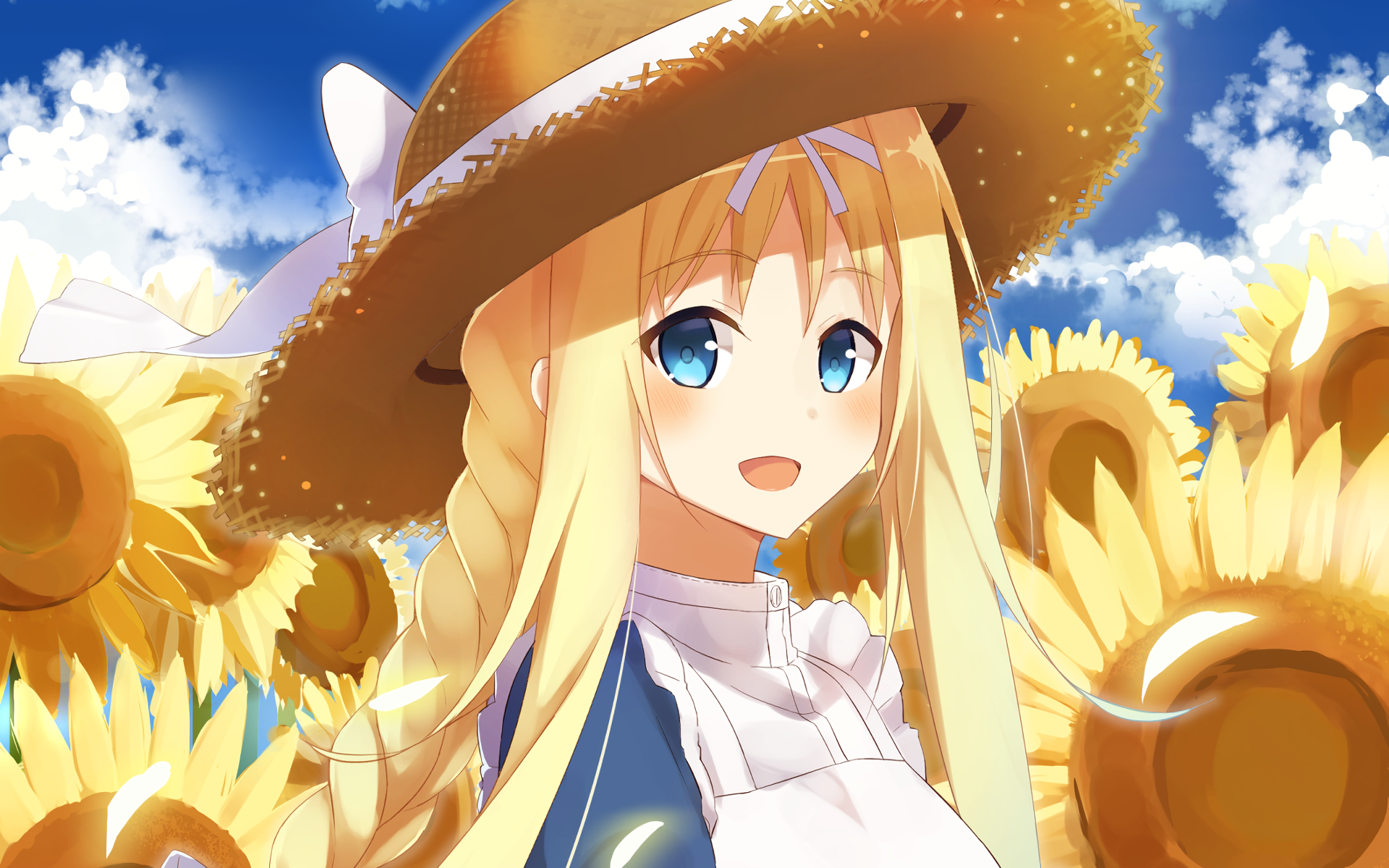 HD desktop wallpaper of an anime character from Sword Art Online, featuring a blonde girl with blue eyes wearing a straw hat, smiling amidst a field of sunflowers under a bright blue sky.