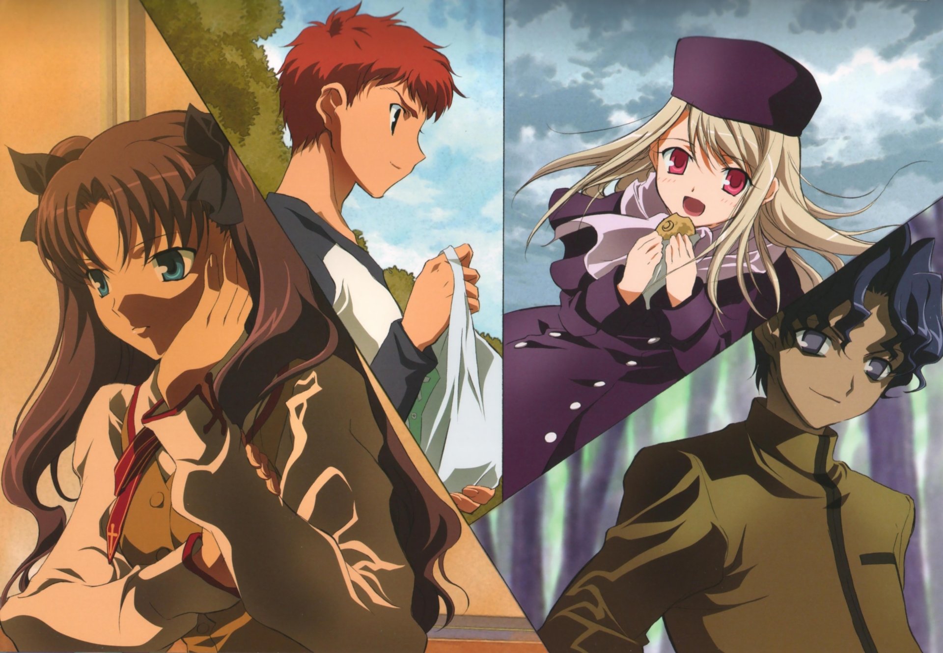 Anime Fate/Stay Night 4K Ultra HD PC desktop wallpaper: four characters — Rin, Shirou, Illyasviel and Shinji — in dynamic poses against sky and urban backdrops.