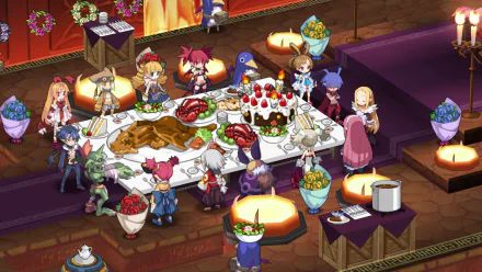 HD desktop wallpaper featuring characters Laharl, Etna, Flonne, and Prinnies from Disgaea 5: Alliance of Vengeance gathered around a banquet table.
