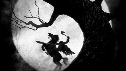 Dark, eerie HD PC wallpaper featuring the headless horseman on horseback against a large moon, inspired by the movie Sleepy Hollow.