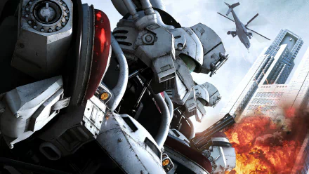 HD PC desktop wallpaper of Mobile Police Patalabor video game: towering white mechs in a burning city block, fighter jet overhead, explosions and skyscrapers.