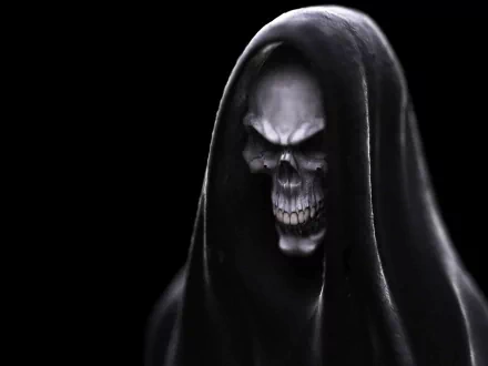 A high-definition desktop wallpaper featuring a dark and menacing Grim Reaper with a skeletal face, shrouded in a black hooded cloak against a pitch-black background.