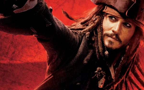 HD desktop wallpaper featuring Johnny Depp as Jack Sparrow in the movie Pirates of the Caribbean: At World's End, set against a vibrant red background.
