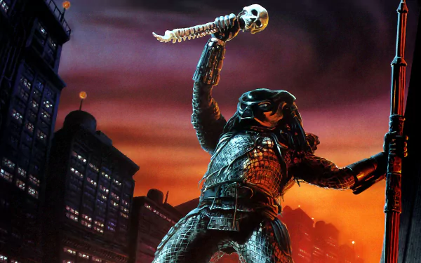 City Hunter (Predator) from the movie Predator 2 towers over a neon city skyline, HD PC desktop wallpaper and background showing the armored alien raising a skull-tipped spear.