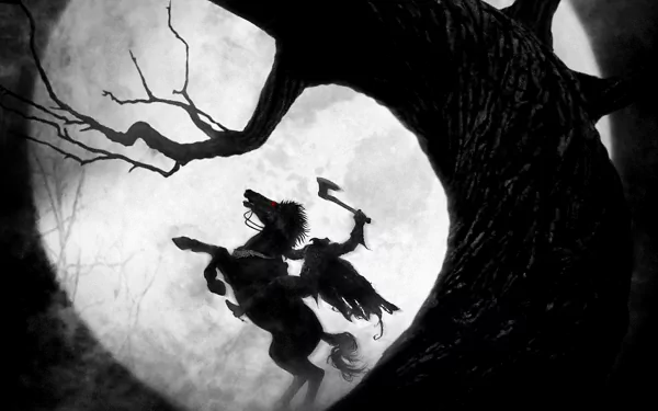 Dark, eerie HD PC wallpaper featuring the headless horseman on horseback against a large moon, inspired by the movie Sleepy Hollow.