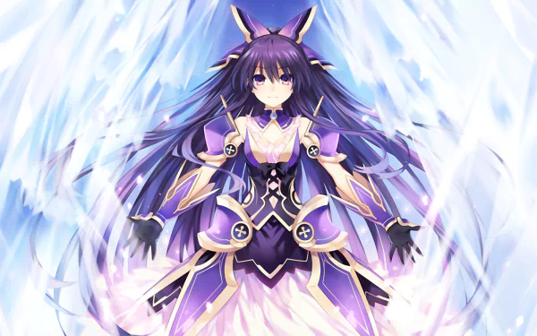 HD desktop wallpaper featuring an anime character from Date A Live, adorned in purple armor with light effects surrounding her, set against a dynamic, ethereal background.