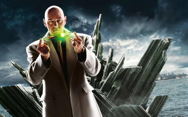HD wallpaper featuring a man holding glowing green kryptonite with a dramatic, jagged crystal background, tagged with movie, Superman Returns.